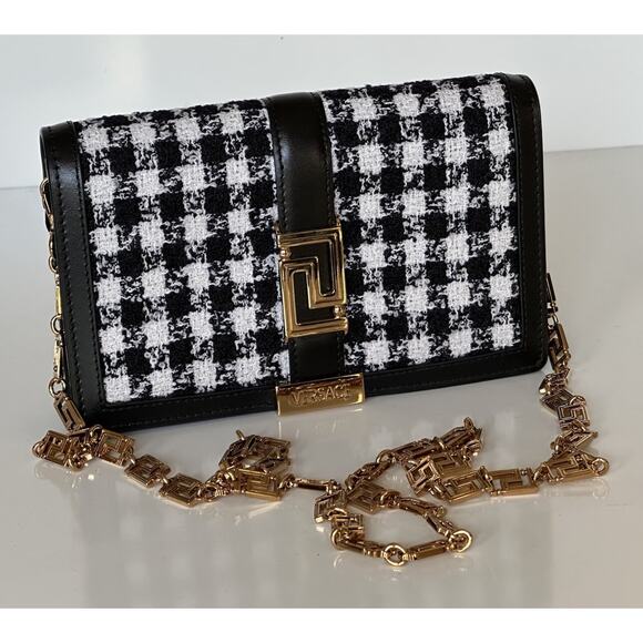 Versace Greek Key Leather Black Wallet on Chain Mini Shoulder Bag 1007220 NWT - Picture 1 of 16